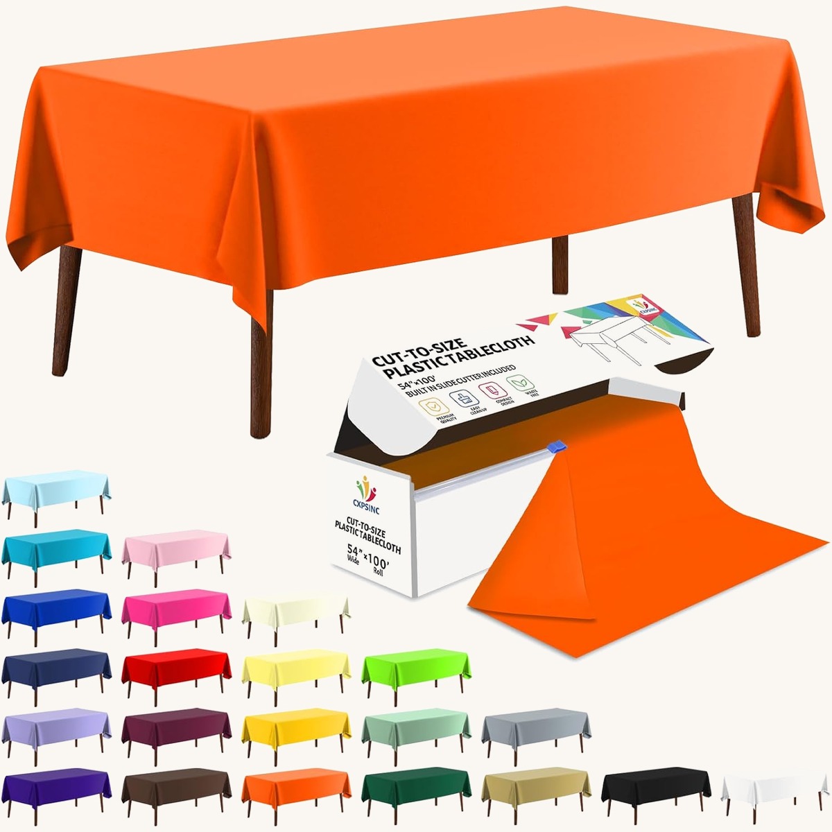 CXPSINC 54 Inch X 100 Feet Plastic Table Cover Roll Disposable Tablecloth with Slide Cut