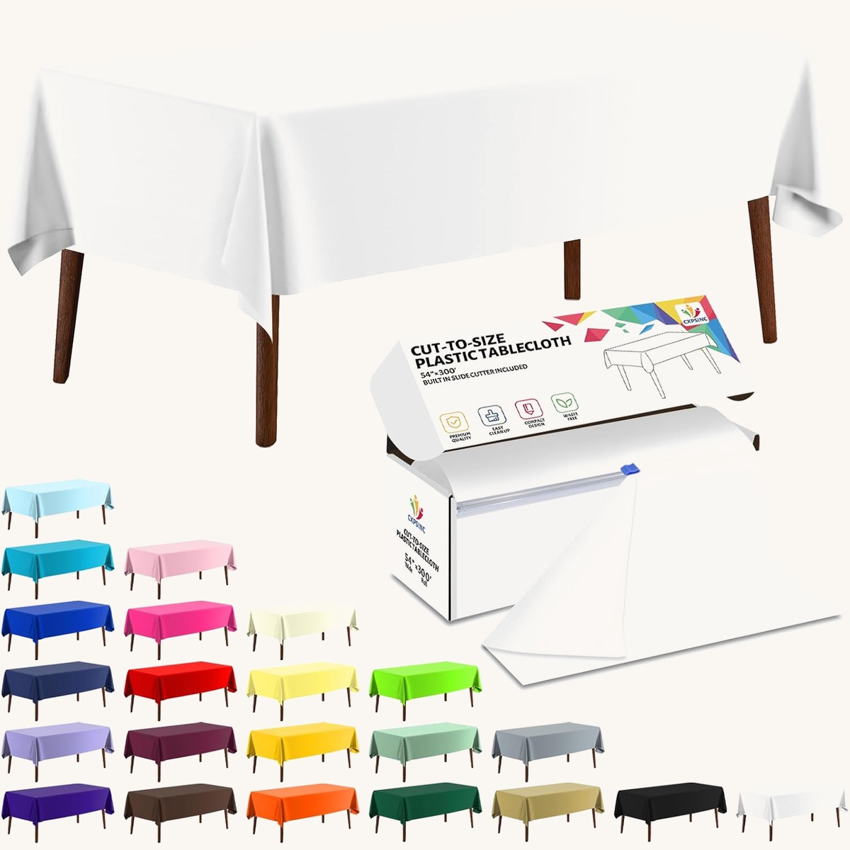 CXPSINC White Plastic Table Cloth Disposable Tablecloth Roll 54 Inch X 300 Feet