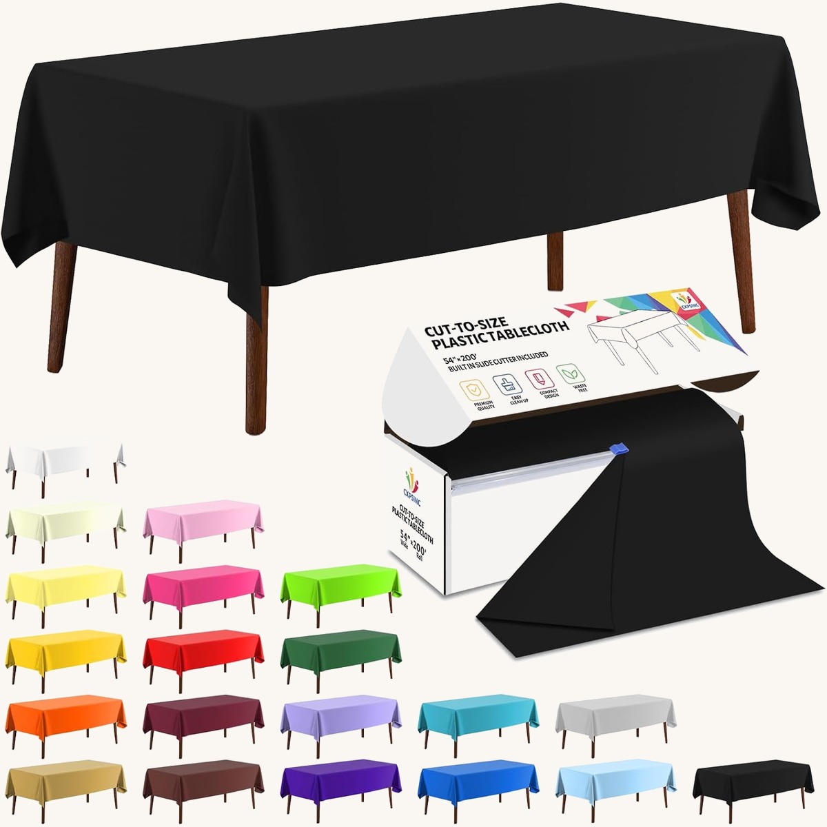 CXPSINC 54 Inch X 200 Feet Plastic Table Cover Roll Disposable Tablecloth with Slide Cut