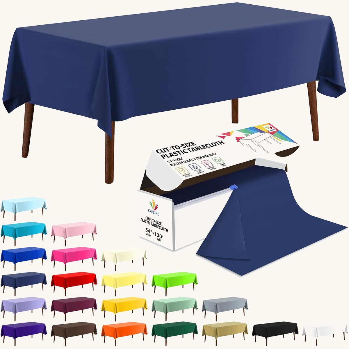CXPSINC 54 Inch X 100 Feet Plastic Table Cover Roll Disposable Tablecloth with Slide Cut