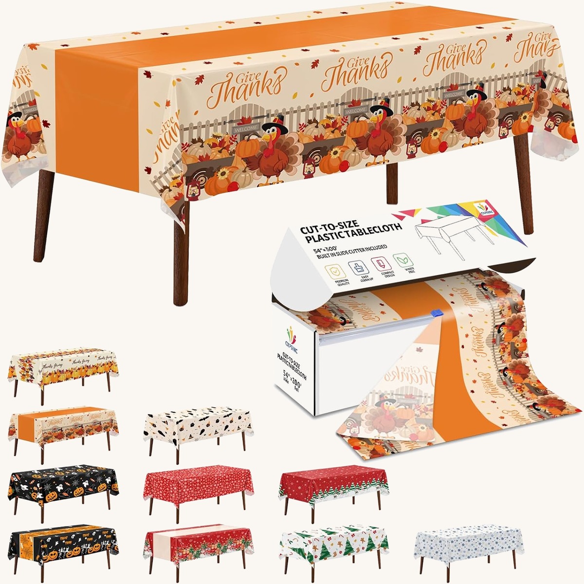 CXPSINC Thanksgiving printed table cover roll, 54 in x 300 ft