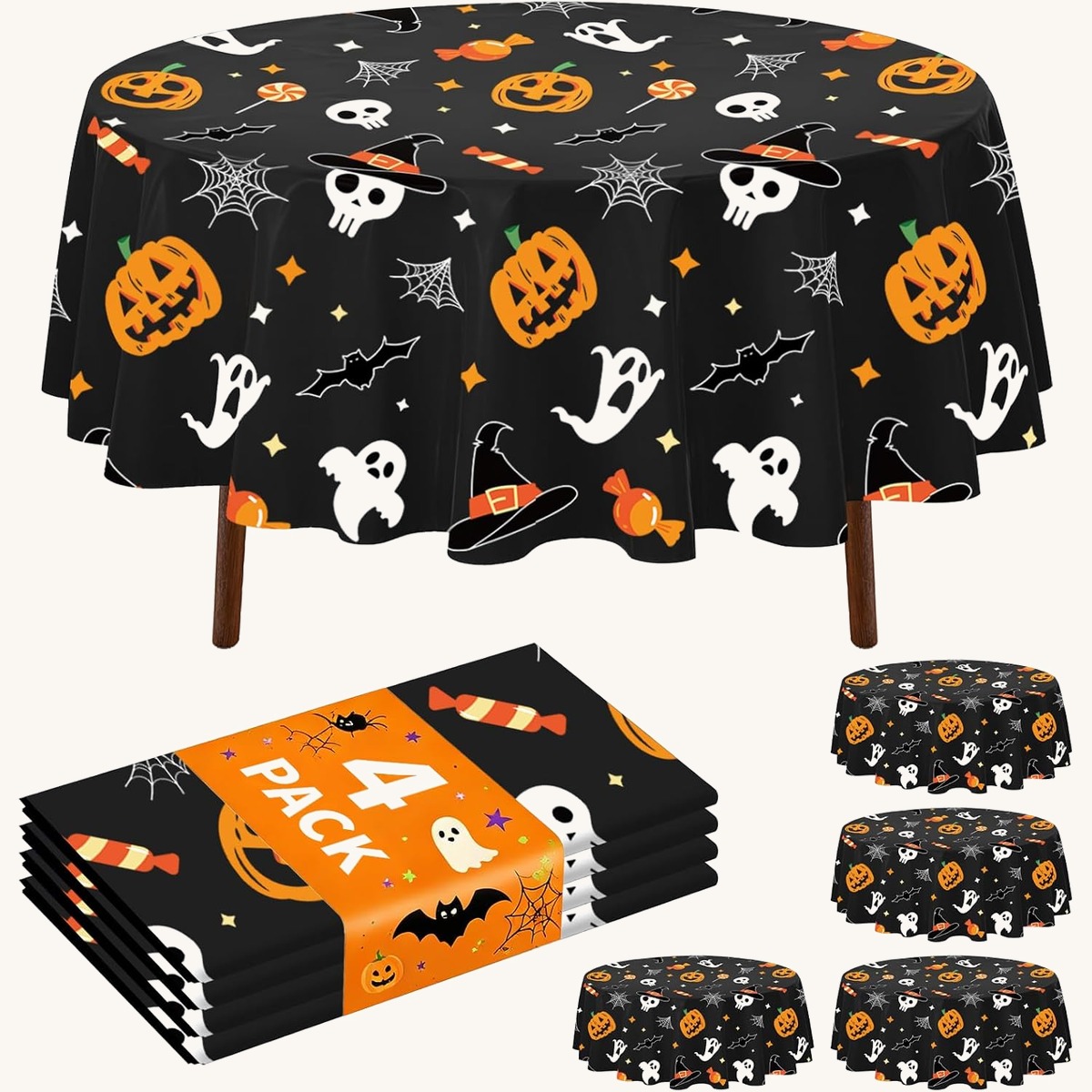 CXPSINC 4 Pack Halloween Tablecloth,84 in Round Pumpkin Ghost Plastic Table Cloth Large Si